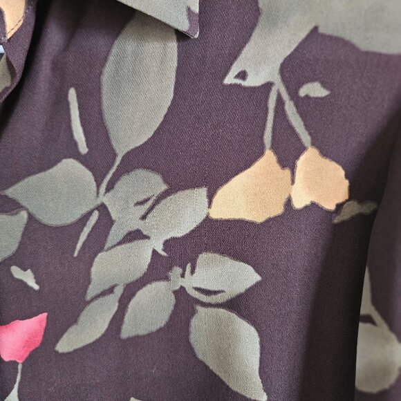 Caslon woman Size L 100% Silk Blouse Dark Floral Old Money Ruffle Sleeve Buttons - Picture 4 of 7
